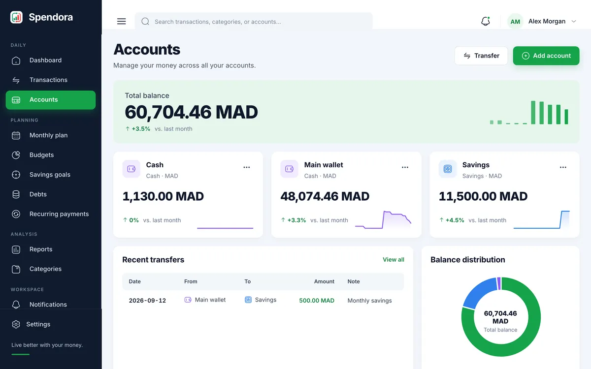 Every account with its balance and recent movement.