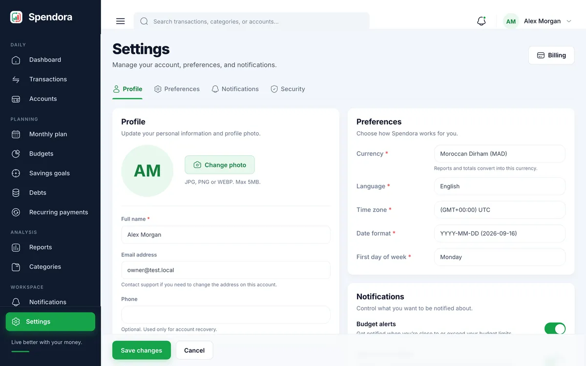 Profile, preferences and notifications in one page.